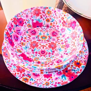 Rachel Ashwell Dinnerware Set | Melamine Bright Pink Floral Plates & Bowls for Casual,Outdoor, Summer Dining, Cottagecore, Shabby Chic Decor