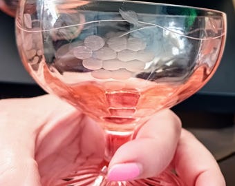 Vintage Pink Sherbet Cups, Etched Grape Design, 1920s Stemmed Glassware