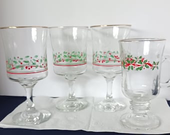 Vintage Arby's Holiday Glasses Set, Holly Berry Cocktail Stems
