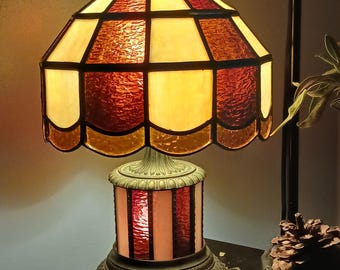 Table Lamp Vintage Art Deco Stained Glass Mid Century Brown Natural Colors Working EUC
