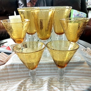 Vintage Artland Martini Glasses and Wine Goblets Set of 7, Amber or Citrine Hand Blown Bubble Cocktail Glassware, Elegant Vintage Gift