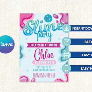 Plantilla de invitación de cumpleaños de Slime, invitación de Slime, invitación de Slime, fiesta de Slime, invitación para niños, invitación de niñas, Canva editable