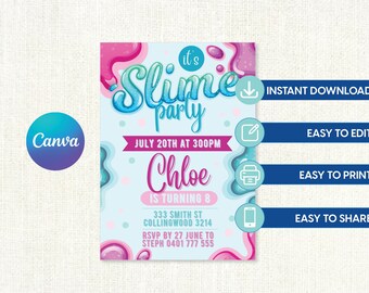 Slime Birthday Invitation Template, Slime Invitation, Slime Invite, Slime Party, Kid Invite, Girls Invite, Editable Canva