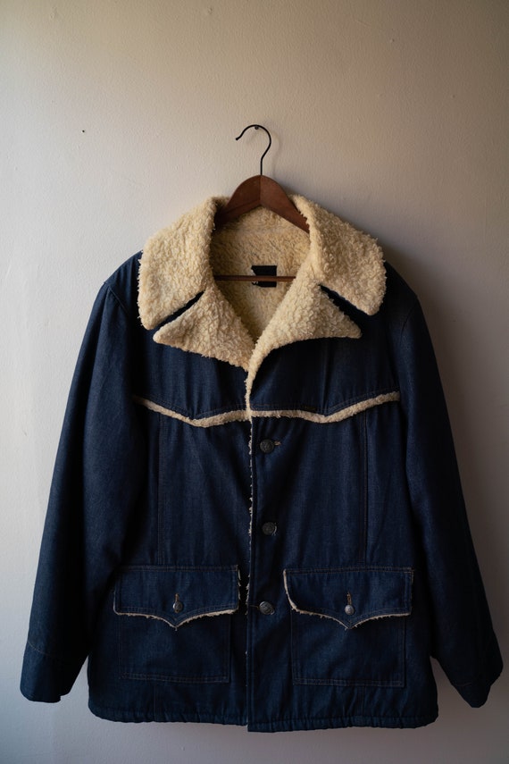 Vintage 1970'S Sears ROEBUCKS denim boa lunch coat, men's size M unclear blue type Vintage Second Hand