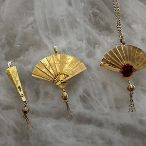 Vintage Gold Asian Fan Pendants w Tassel | 3 Versions | Rose Dragon and Crane Motif Expandable Duel Sided Pendant