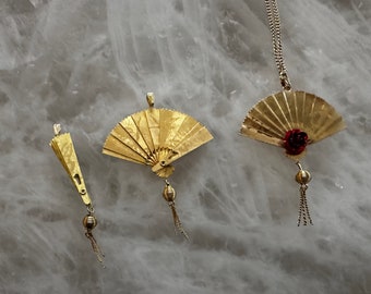 Vintage Gold Asian Fan Pendants w Tassel | 3 Versions | Rose Dragon and Crane Motif Expandable Duel Sided Pendant