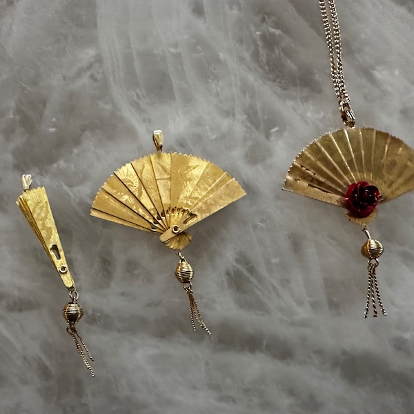 Vintage Gold Asian Fan Pendants w Tassel | 3 Versions | Rose Dragon and Crane Motif Expandable Duel Sided Pendant