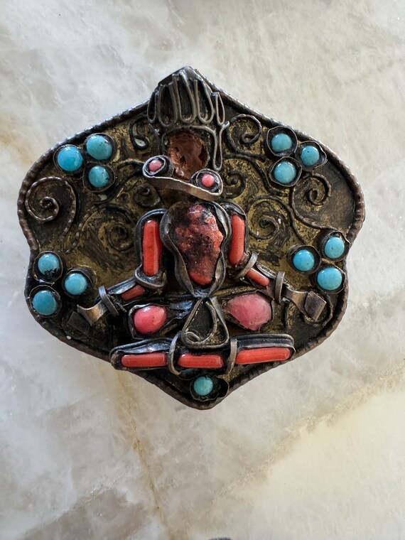 Vintage Nepal | Coral and Turquoise Glass | Brooc… - image 4