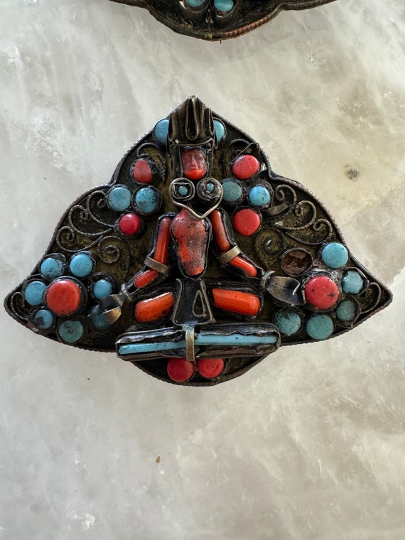 Vintage Nepal | Coral and Turquoise Glass | Brooc… - image 3
