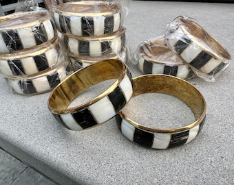 Vintage Mother of Pearl & Horn Inlay Brass Bracelet | 1950s