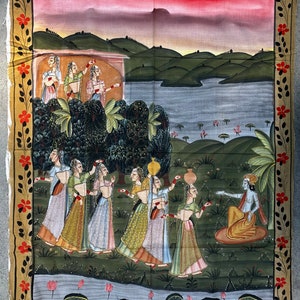 Antique Palace Size Rajasthani Painting | Krishna w Gopi&#39;s | Royal Court | Rajput Kangra Basholi Pichwai Indian Painting | 42.75 x 32.75in