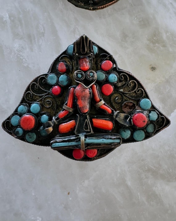 Vintage Nepal | Coral and Turquoise Glass | Brooc… - image 9