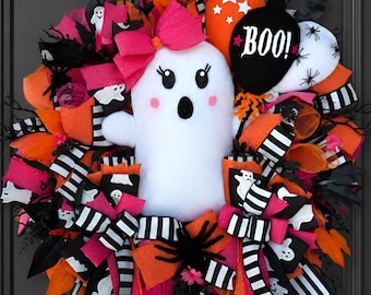 Halloween Ghost Wreath, BOO Ghost Front Door Wreath, Pink Orange Black Halloween Decor, Whimsical Ghost Door Wreath, Halloween Balloons