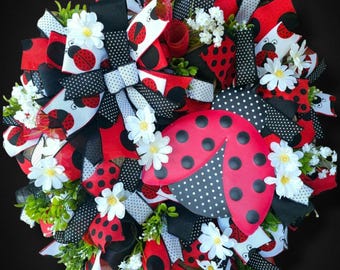 Ladybug Door Wreath, Summer Wreath, Spring Door Wreath, Polka Dot Wreath, Ladybug Door Hanger, Housewarming Gift
