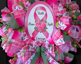 Breast Cancer Awareness Wreath, Pink Ribbon Door Wreath, Cancer Support Wreath, Faith Hope Fight Courage Wreath, Pink Front Door Decor