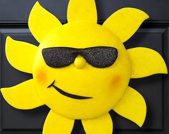 Sunshine Wreath Attachment with Sunglasses, Summer Sun Wreath Attachment | Cute Yellow Sun Decor for Front Door | Whimsical Porch Decor