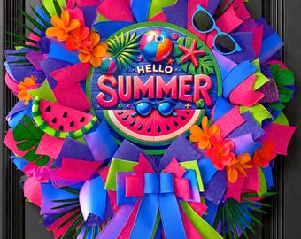 Hello Summer Wreath, Bright Tropical Summer Door Decor, Colorful Mesh Wreath, Watermelon Summer Wreath, Door Beach Decor, Poolside Decor