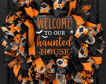 Halloween Haunted House Wreath, Orange and Black Halloween Door Wreath, Welcome to Our Haunted House Wreath, Spooky Front Door Wreath