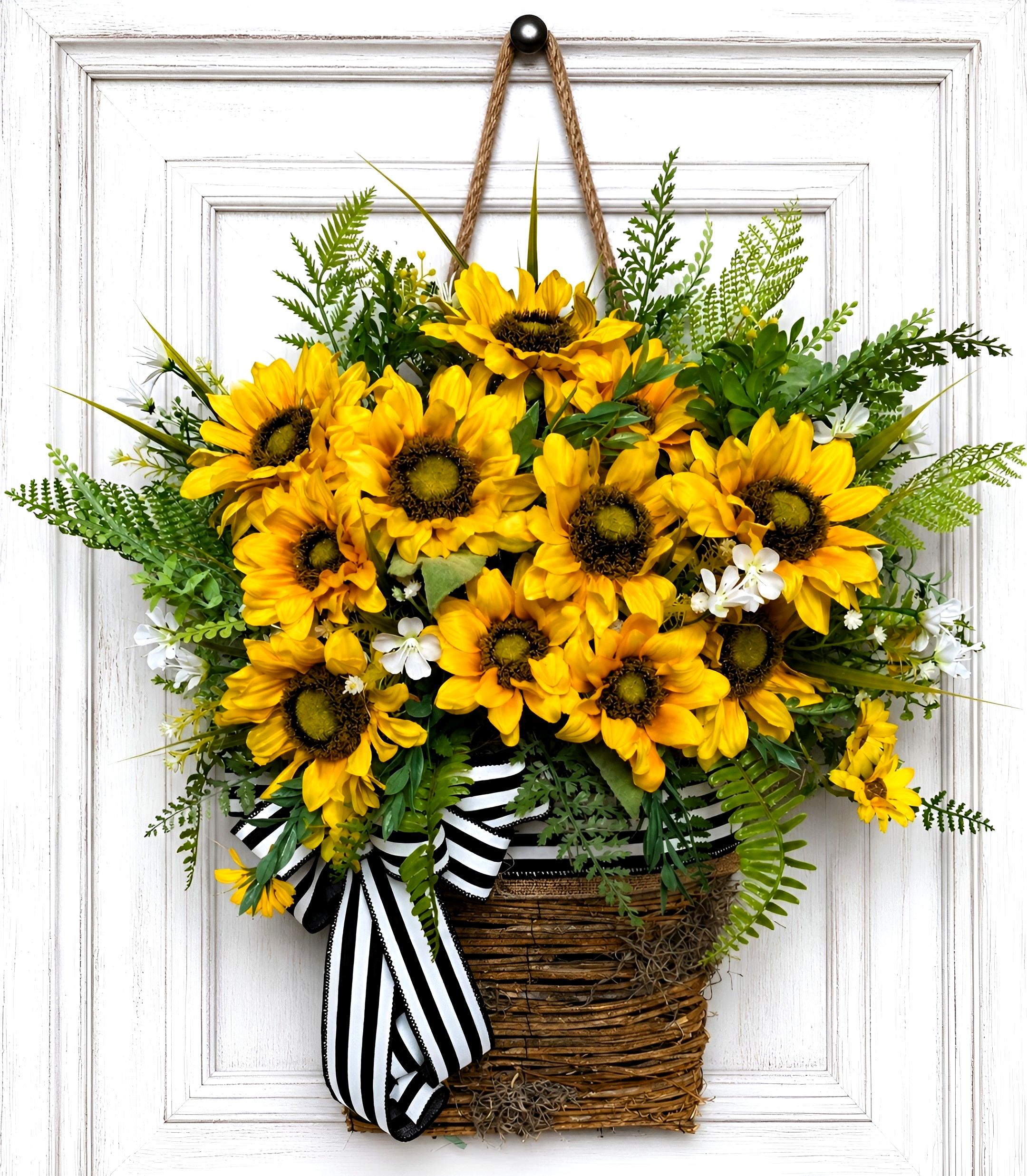 Sunflower Door Basket Wreath, Farmhouse Front Door Decor, Yellow Floral ...