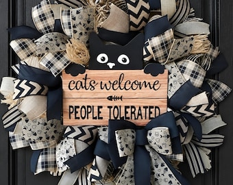 Farmhouse Black, Beige & Brown Peaking Cat "Cats Welcome, People Tolerated" Wreath,  Pet Lovers, Cat Lovers, Door Wreath, Black Cat, Porch