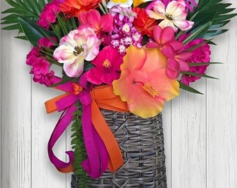 Tropical Hibiscus and Plumeria Door Basket or Centerpiece, Summer Front Door Wreath, Tropical Floral Arrangement, Summer Flowers Decor
