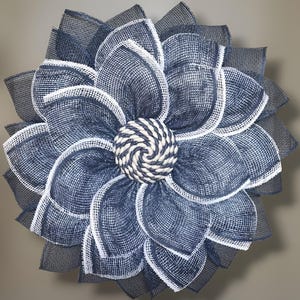 Navy Blue and White Flower Wreath – Poly Burlap Door Decor