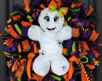 Halloween Mummy Wreath, Cute Mummy Wreath for Front Door, Halloween Spooky Wreath, Orange Purple Black Halloween Decor, Halloween Decor