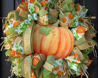 Fall Pumpkin Wreath,  Autumn Front Door Wreath,  Rustic Pumpkin Decor, Thanksgiving Wreath, Farmhouse Fall Door Decor, Harvest Wreath