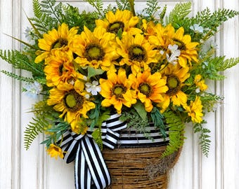 Sunflower Door Basket Wreath, Farmhouse Front Door Decor, Yellow Floral Basket, Rustic Summer Wreath, Black White Bow Entryway Decor