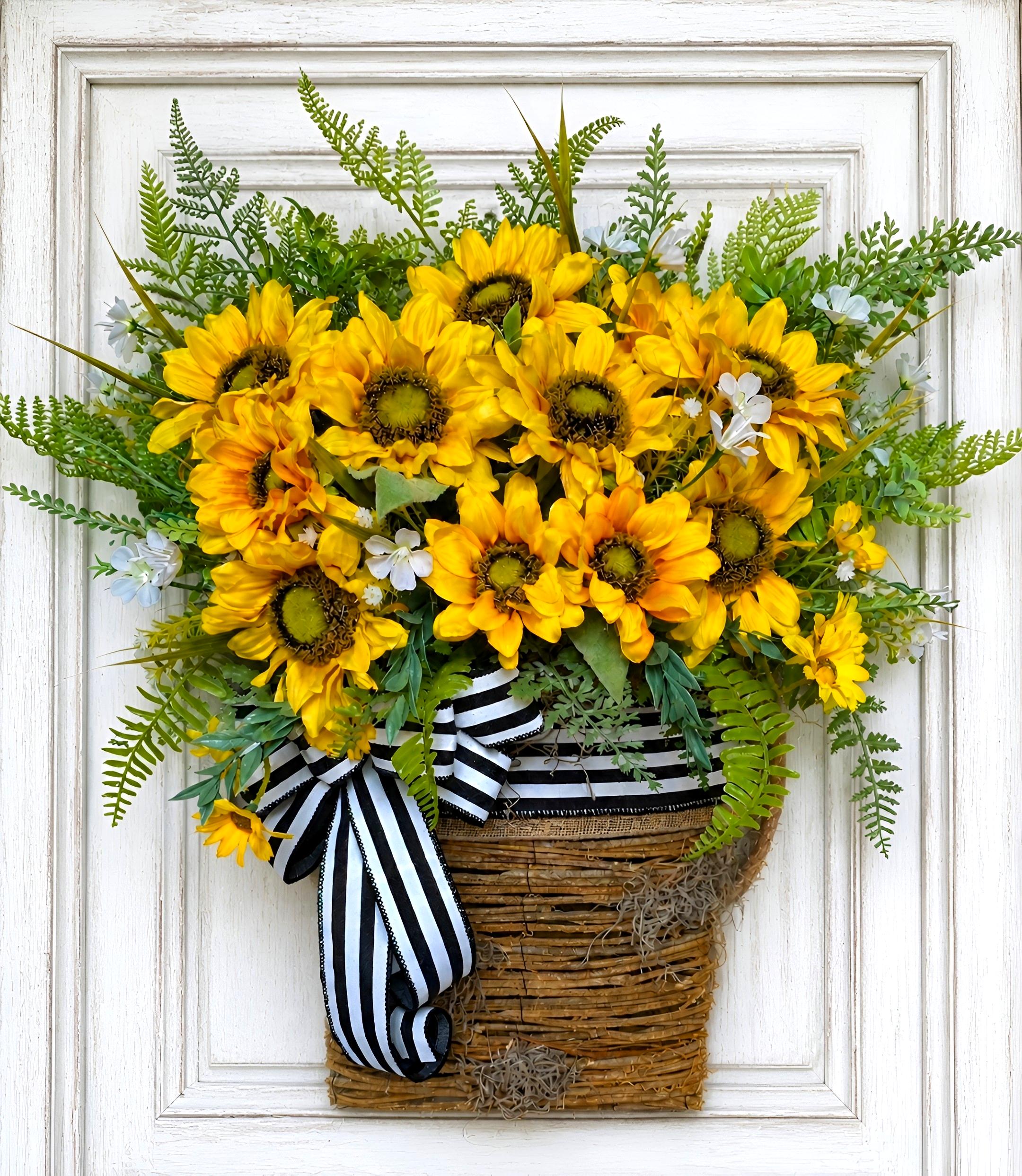 Sunflower Door Basket Wreath, Farmhouse Front Door Decor, Yellow Floral ...