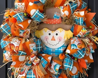 Fall Scarecrow Wreath, Autumn Front Door Decor, Pumpkin Wreath, Harvest Door Wreath, Thanksgiving Wreath, Farmhouse Fall Decor