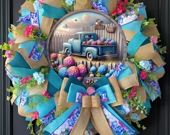 Blue Hydrangea Wreath for Front Door, Vintage Truck Wreath, Farmhouse Spring Wreath, Country Garden Door Decor, Summer Wreath, Housewarming