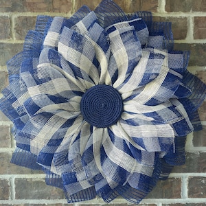 Best Seller! Farmhouse Vintage Tan and Navy Blue Flower Door Wreath, Door, Wall, Home Decor,  Everyday Wreaths