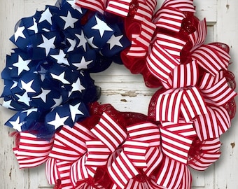 American Flag Wreath, Patriotic Wreath for Front Door, Red White and Blue Americana Wreath, Fourth of July Door Decor, Memorial Day Wreath