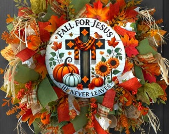 Fall Pumpkin Wreath, Fall for Jesus Wreath, Christian Autumn Door Decor, Rustic Farmhouse Faith Wreath