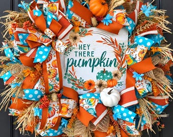 Fall Pumpkin Wreath for Front Door, Autumn Harvest Wreath, Teal & Orange Pumpkin Wreath, Thanksgiving Door Decor, Fall Home Decor