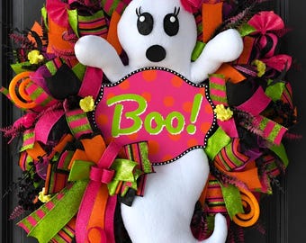 Halloween Ghost Wreath, Boo Wreath, Halloween Front Door Decor, Spooky Ghost Door Wreath, Pink Halloween Wreath, Trick or Treat Decor