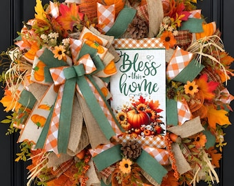 Fall Wreath for Front Door, Autumn Harvest Wreath, Bless This Home Wreath, Pumpkin Wreath, Farmhouse Fall Decor, Thanksgiving Wreath
