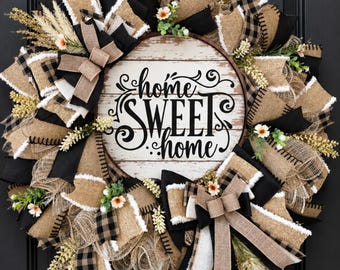 Rustic Home Sweet Home Wreath for Front Door, Everyday Farmhouse Mesh Door Hanger, Neutral Burlap and Buffalo Plaid Decor, Housewarming Gift