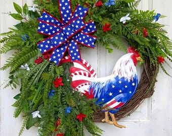 Rooster Wreath for Front Door, Americana Grapevine Wreath with Starry Bow, Farmhouse 4th of July Decor, American Door Decor
