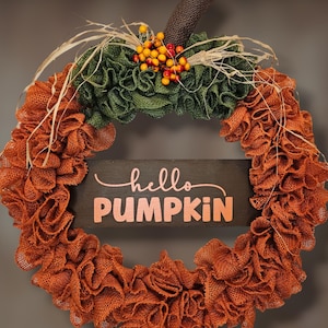 Fall Burlap Pumpkin Wreath| Hay| Fall Door Hanger| Fall Home Decor| Fall Door Wreath| Wall Decor| Thanksgiving Wreath| Hello Pumpkin