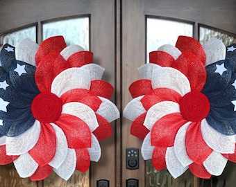 Patriotic Double Door Wreath Set, American Flag Wreath, 4th Of July Wreath, Patriotic Flower Wreath, USA Wreath, Housewarming Gift