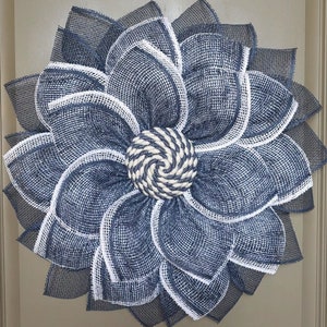 Navy and White Nautical Flower Door Wreath, Poly Burlap, Door Decor, Wall Decor, Farmhouse, Front Porch, Gift, Mother's Day, Everyday Wreath