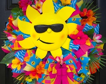 Summer Sunshine Wreath for Front Door, Tropical Sun Wreath, Bright Pink Yellow Blue Summer Decor, Whimsical Sunglasses Sun Door Hanger