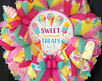 Summer Treats Wreath, Ice Cream Popsicle Snow Cone Wreath, Sweet Summer Door Decor, Candy Theme Mesh Wreath, Bright Front Door Wreath