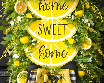 Lemon Wreath for Front Door, Home Sweet Home Lemon Swag, Summer Citrus Wreath, Yellow Farmhouse Door Wreath, Everyday Spring Summer Wreath