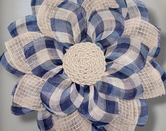 Farmhouse Rustic Navy and Beige Buffalo Check Flower Wreath, Door Decor, Wall Home Decor, Everyday Wreath, Gift, Front Porch