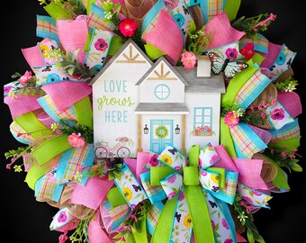 Spring Welcome Wreath, Summer Wreath, Floral Wreath, Love Grows Here Wreath