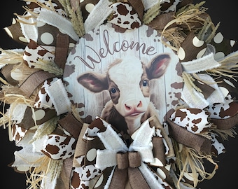 Farmhouse Cow Welcome Wreath, Rustic Cow Print Door Decor, Neutral Burlap Farmhouse Wreath, Country Home Front Door Decor