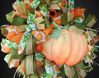Fall Pumpkin Wreath, Farmhouse Pumpkin Wreath, Fall Front Door Decor